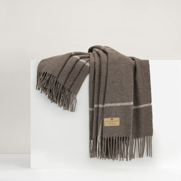 Cashmere Scarf with Classic Plaid & Fringe in Mocha, Blue, & Black