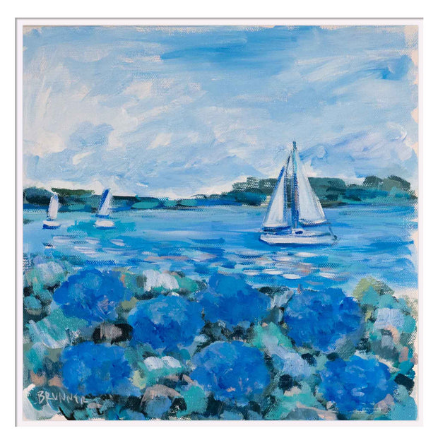 Blue Hydrangeas Along the Sea I Original Framed Painting