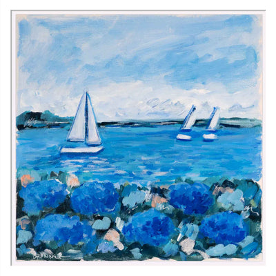 Blue Hydrangeas Along the Sea II Original Framed Painting
