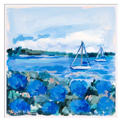 Blue Hydrangeas and Moored Boats Original Framed Painting