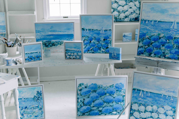 Blue Hydrangeas Along the Sea II Original Framed Painting