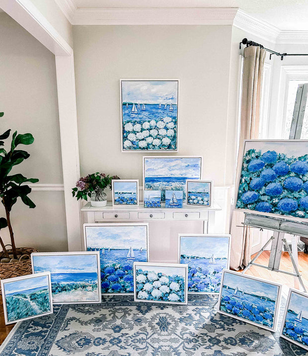 Blue Hydrangeas Along the Sea I Original Framed Painting