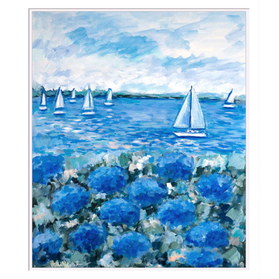 Breezy Sailboats with Blue Hydrangeas Original Framed Painting