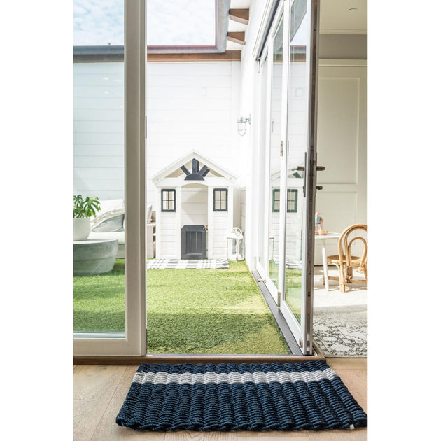 Rope Doormat Fog Gray & Navy- Small 18x30 - CAPERS Home