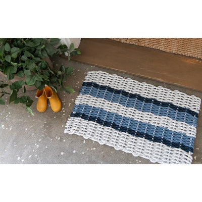Nautical Rope Doormat - Fog Gray with Double Navy & Glacier Bay Stripes