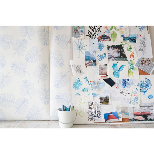 Monstera Blue Wallpaper by Victoria Larson for Cailini Coastal