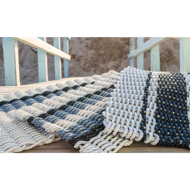 Nautical Rope Doormat - Fog Gray with Double Navy & Glacier Bay Stripes