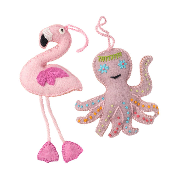 Festive Flamingo & Octopus Plush Ornament - Set of 3