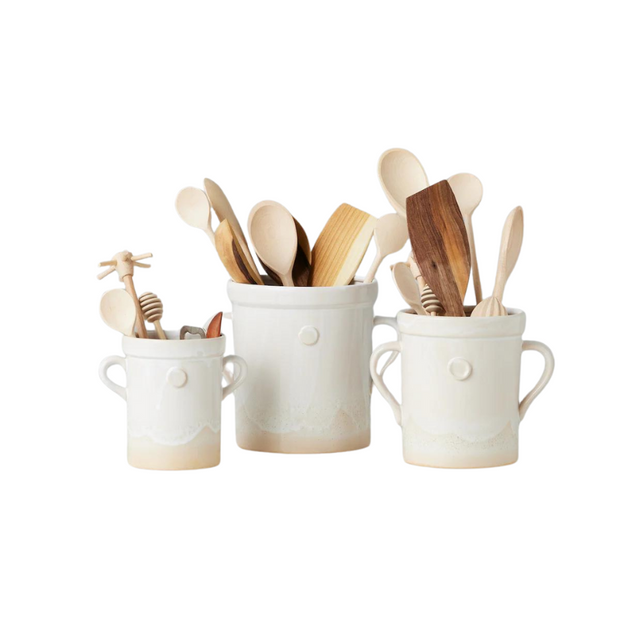 White Hand Thrown Crock and Utensil Bundle