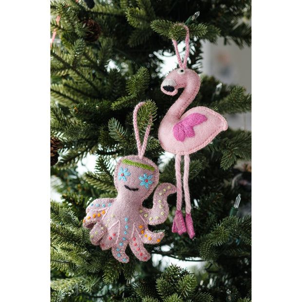 Festive Flamingo & Octopus Plush Ornament - Set of 2