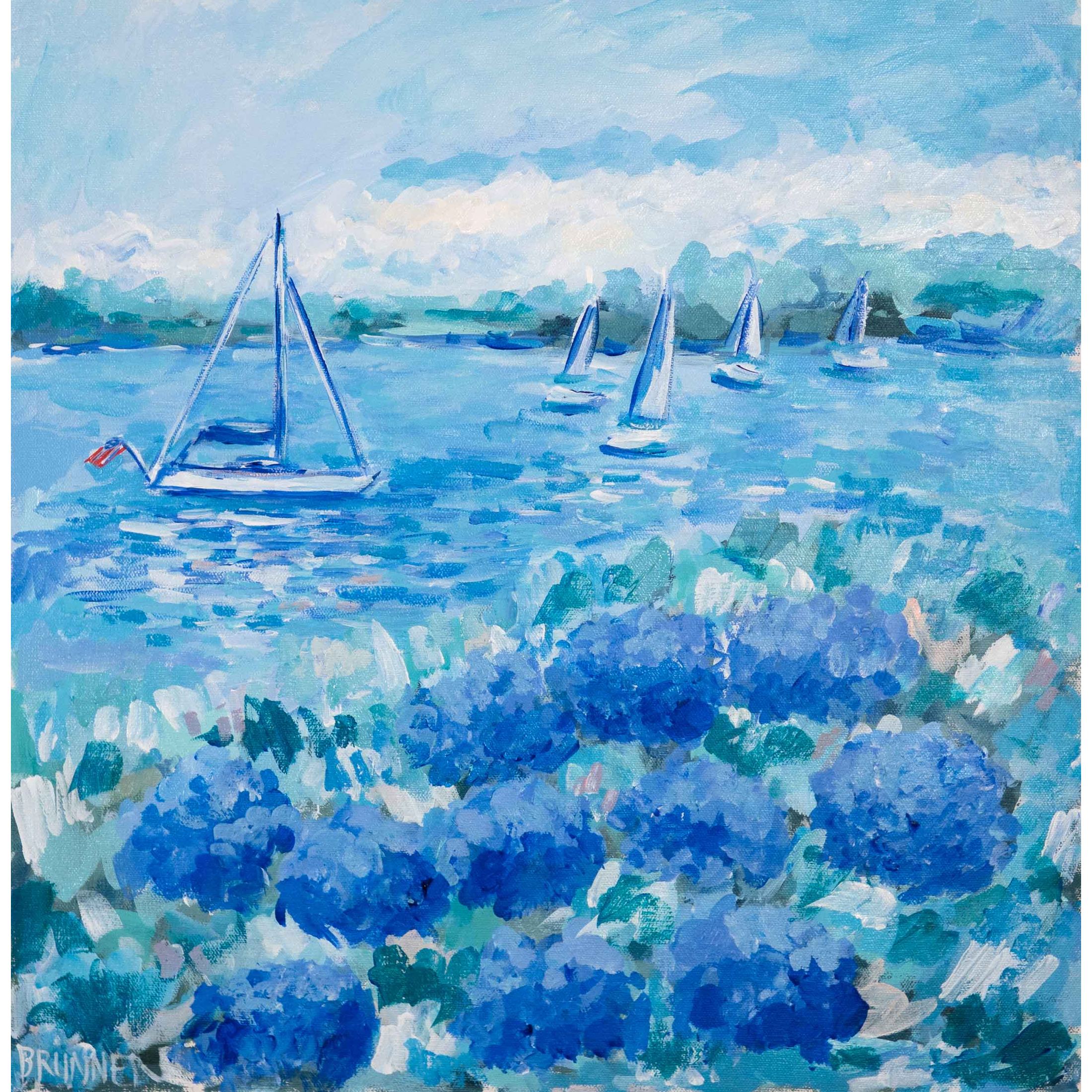 American Sail and Hydrangeas Original Framed Painting