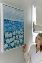 Breezy Sailboats with White Hydrangeas Original Framed Painting