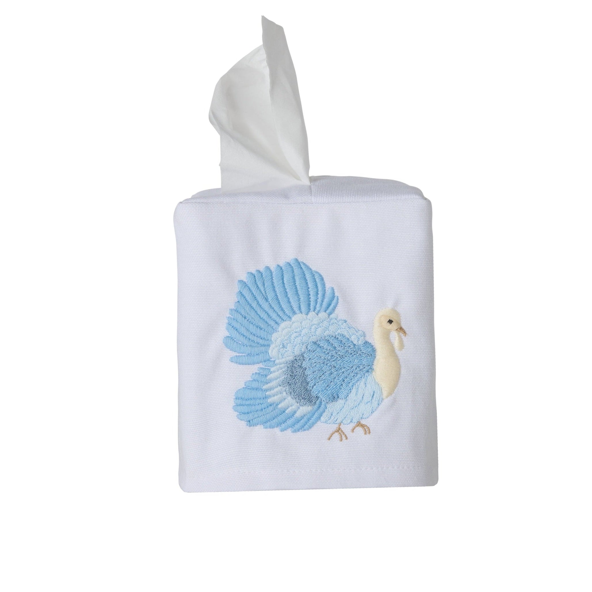 Embroidered Blue Turkey Tissue Box Cover