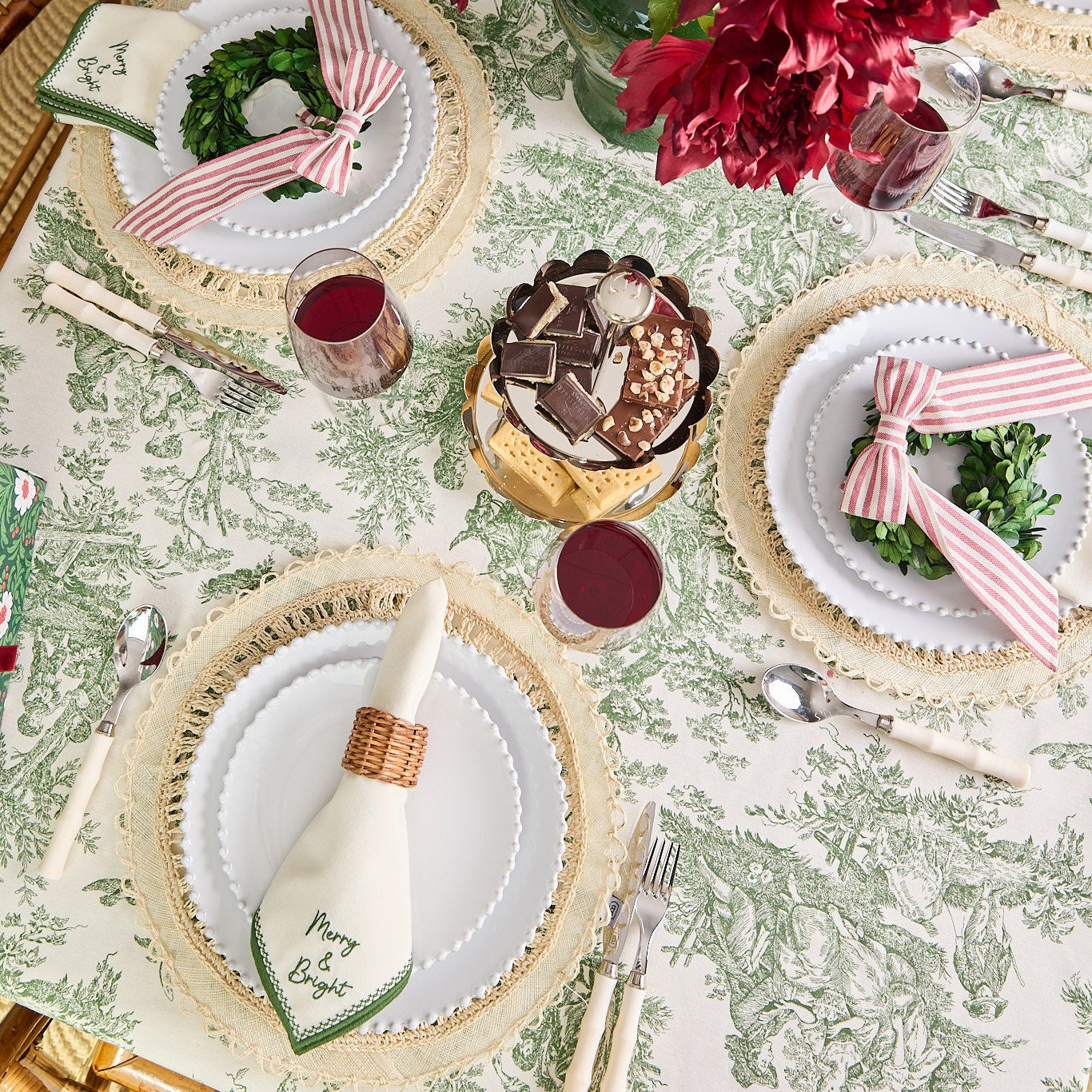 Evergreen Toile Tablecloth