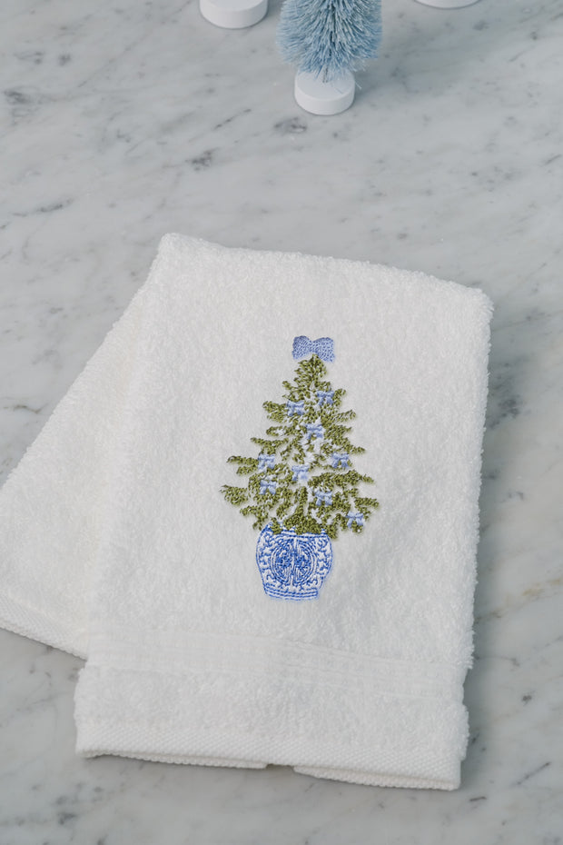 Embroidered Chinoiserie Christmas Tree Terry Guest Towel
