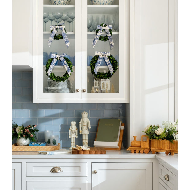 Preserved Boxwood Wreath with Blue & White Toile Bow