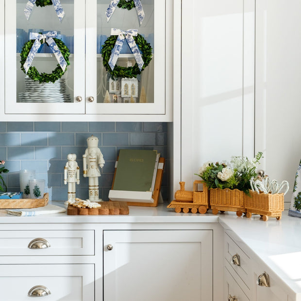 Preserved Boxwood Wreath with Blue & White Toile Bow