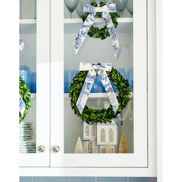 Preserved Boxwood Wreath with Blue & White Toile Bow