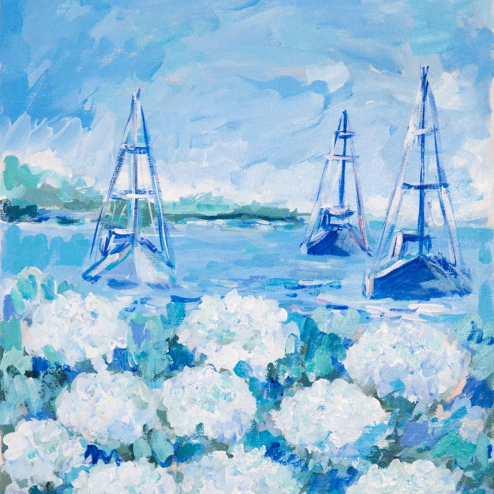 Moored with White Hydrangeas Original Framed Painting