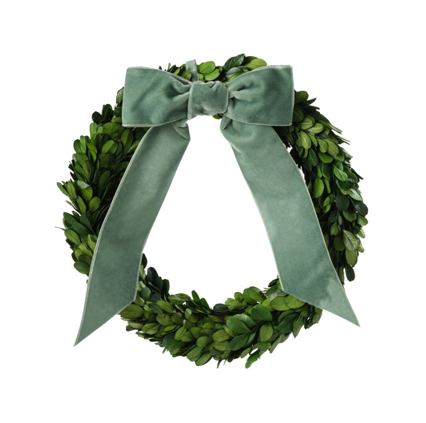 Preserved Boxwood Wreath with Island Green Ribbon