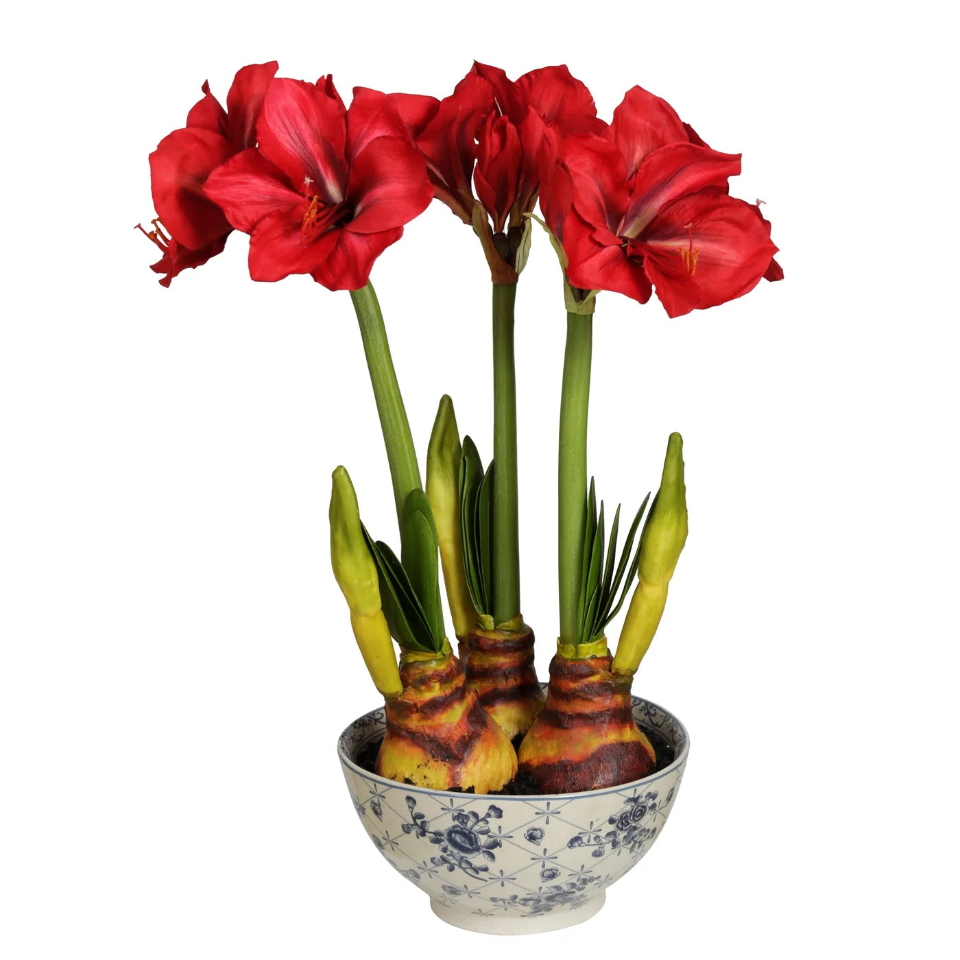 Red Amaryllis Faux Arrangement in Chinoiserie Bowl