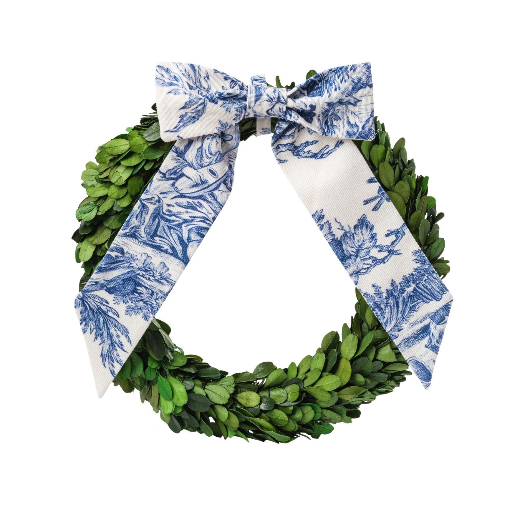 Preserved Boxwood Wreath with Blue & White Toile Bow