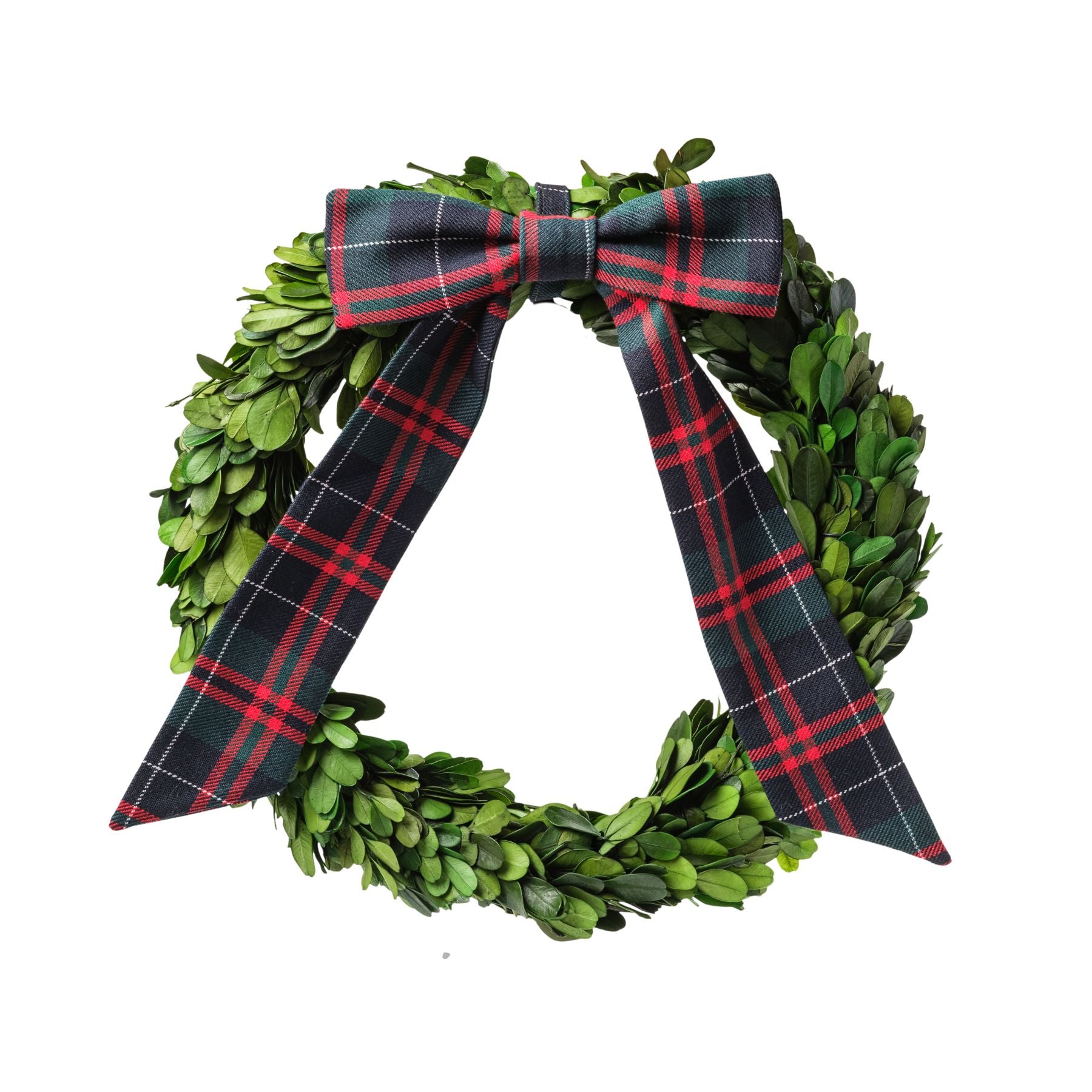Boxwood Wreath with Christmas Tartan Bow