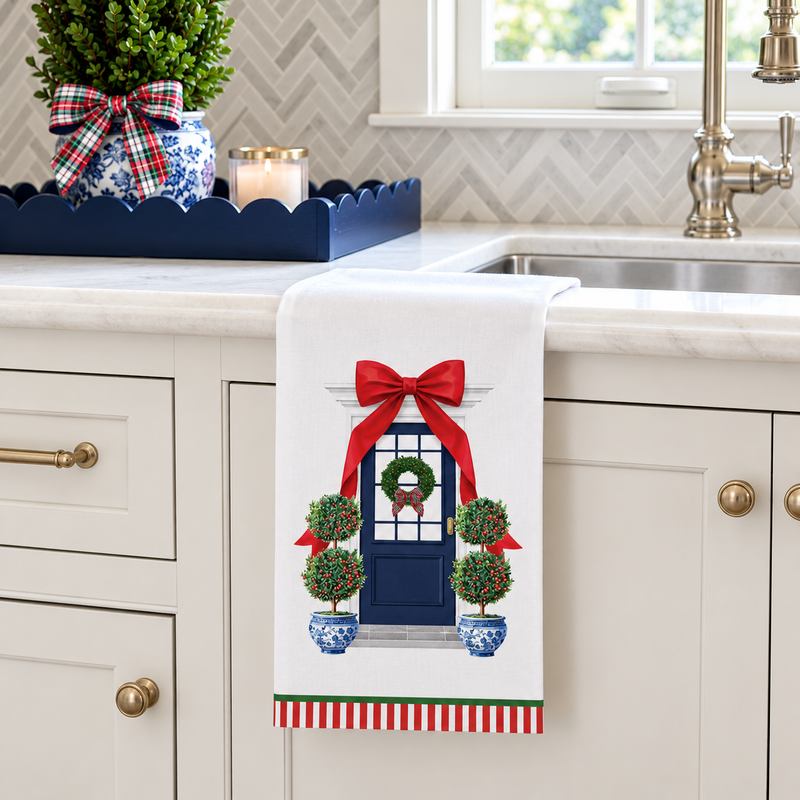 Christmas Bow Front Door Tea Towel