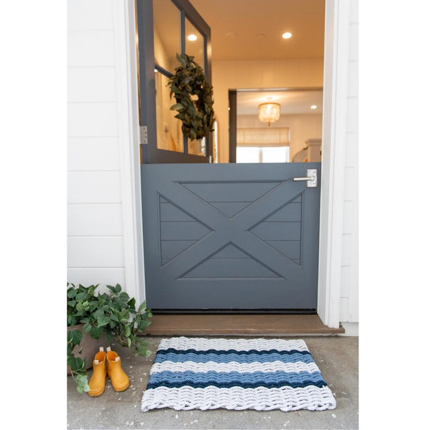 Nautical Rope Doormat - Fog Gray with Double Navy & Glacial Bay Stripes